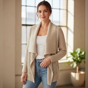 Ann Taylor Loft Tan Cable Mesh Wide Collar Open Shrug